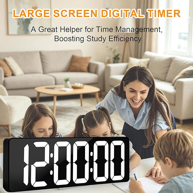 TXL 17.2" Large Digital Timer Clock, Countdown Timer for Classroom Home Gym Kitchen Office, LED Wall Clock with Remote Control, 4 Dimmable Brightness, 12/24H, Auto DST(White)