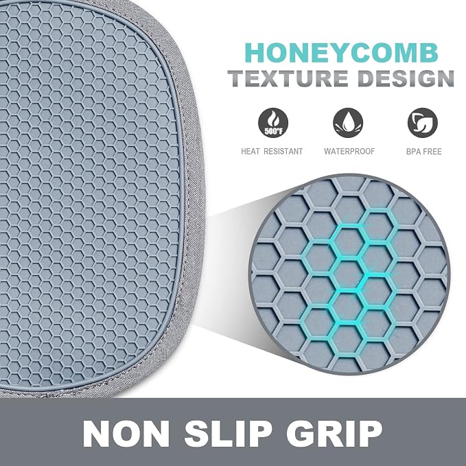 RORECAY 2-Pack Silicone Pot Holders for Kitchen, Hot Pads with Pocket, Gray | Heat Resistant up to 500°F, Quilted Cotton Potholders, Non-Slip & Waterproof Trivets for Hot Pots, Pans, and Countertops