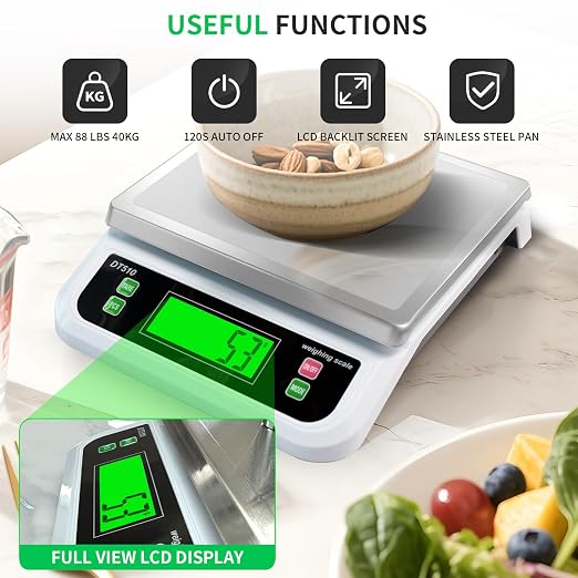 Large Digital Kitchen Scale 40kg/88lbs with Tare and PCS Funtion | Commercial Food Scale with 6 Unit and Coins LCD Display Stainless Steel Baking Scale for Cooking, Adapter Included White