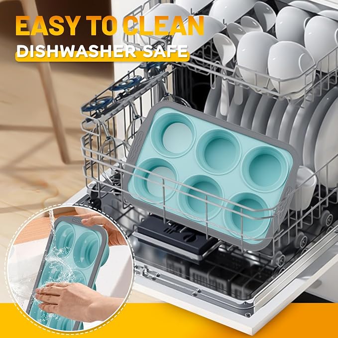 Silicone Muffin Pan, 6 Cups Non-Stick Cupcake Pan, Food-Grade BPA-Free Muffin Tin, Oven-Safe 450 °F, Reinforced Steel Frame, Easy-Grab Handles, Quick-Release 2.7" Baking Molds for Mini Treats