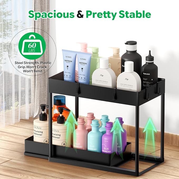 Ekisemio 2 Pack 2-Tier Under Sink Organizers with Sliding Drawer, Black | 2 Pack 2-Tier Under Sink Organizers | Sliding Drawer | Sturdy Metal Frame | Tool-Free Assembly | Space Saving | Black