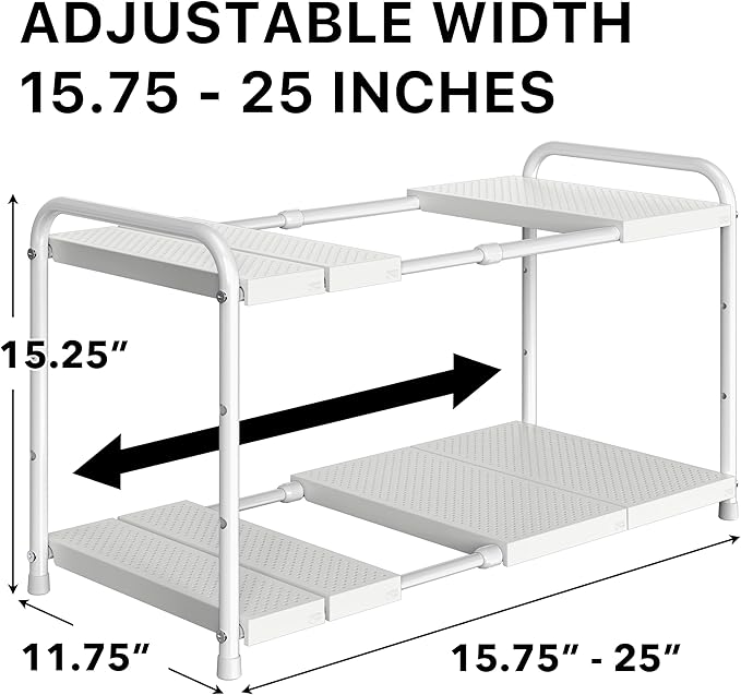 Simple Houseware Under Sink 2-Tier Heavy Duty Expandable Organizer, White | Adjustable Width 15.75–25 Inches with 4 Shelf Height Levels