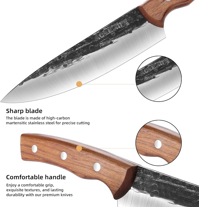 4-Piece Hand Forged Serbian Chef Knife Set | Professional Meat Cutting Set, Ergonomic Wood Handles, Ideal for Kitchen, BBQ & Outdoor Use