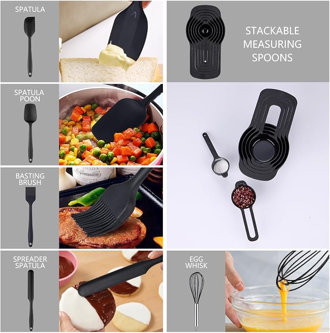 Leidawn Mixing Bowls with Lids Set, 25 PCS Black Mixing Bowl for Kitchen | Stainless Steel Nesting Bowls for Baking, Mixing, Serving & Prepping, Size 5, 3.7, 2.8, 2.3, 1.7, 1.1, 0.7QT, 11 Utensils