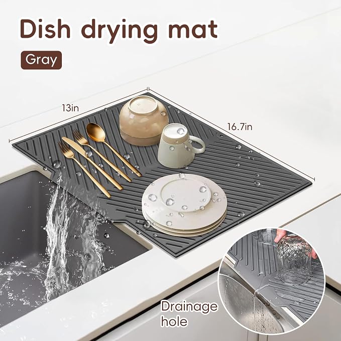 Silicone Dish Drying Mat with Drain Lip 17” x 13”, Heat-Resistant Sloped Sink Draining Tray for Kitchen Worktops, Draining Mat, Rack Mat, Multi-Purpose Hot Pads