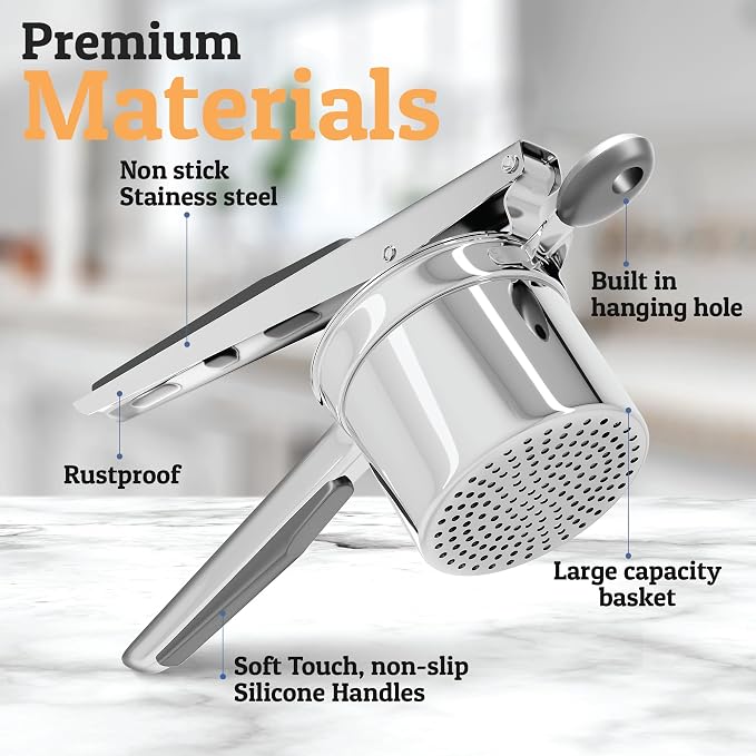 PriorityChef Large 15oz Potato Ricer, Heavy Duty Stainless Steel Potato Masher and Ricer Kitchen Tool, Press and Mash Kitchen Gadget For Perfect Mashed Potatoes - Everytime, Grey
