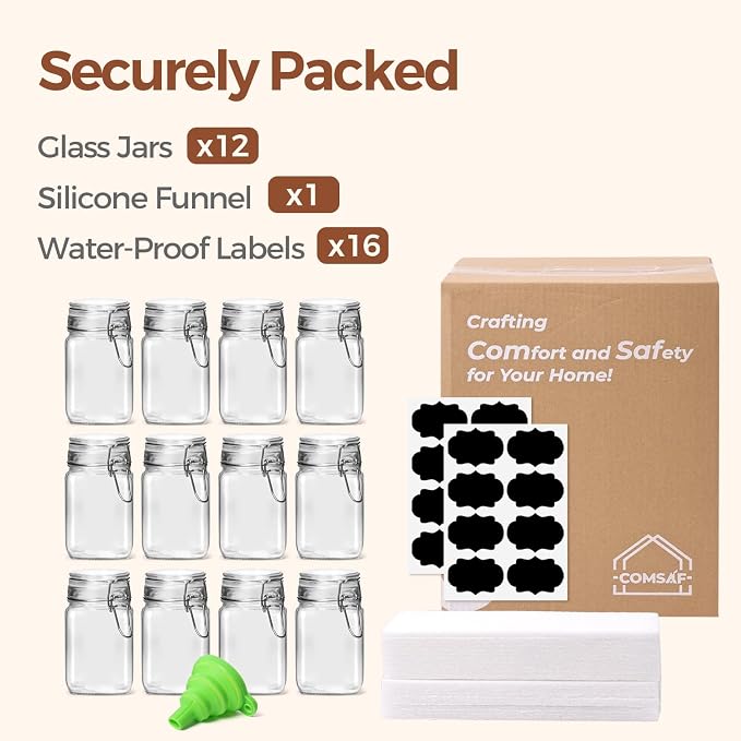 ComSaf Square Small 8 oz Glass Spice Jars with Airtight Lids 12 Pack Pantry | Jams herbs, Overnight oats, Pickling favors, Labels included, Funnel included, Pantry organization, Sourdough pickling