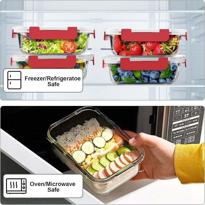 VERONES 10 PACK 22 OZ Glass Meal Prep Containers Set with Lids, Red | Airtight Glass Lunch Containers Set, Glass Food Storage Containers, for Microwave, Oven, Freezer & Dishwasher Friendly