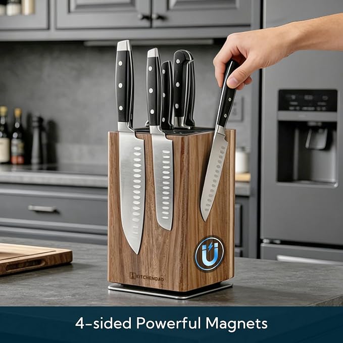 KITCHENDAO Magnetic Knife Block without Knives, 360° Rotary Acacia Wood Knife Holder, Large Universal Knife Storage with Magnet, Countertop Butcher Block Knife Stand for Easy Kitchen Storage