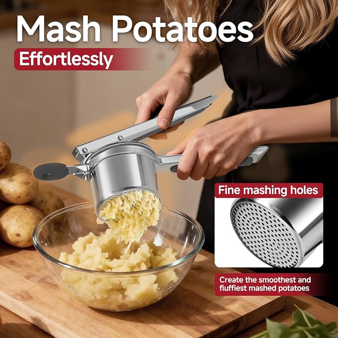 Potato Ricer for Mashed Potatoes-Stainless Steel 15oz | Large Capacity,All Clad,Heavy Duty,Ergonomic Handle for Spaetzle,Oranges, Lemons, Pumpkins, Carrots, Avocados(BLACK)