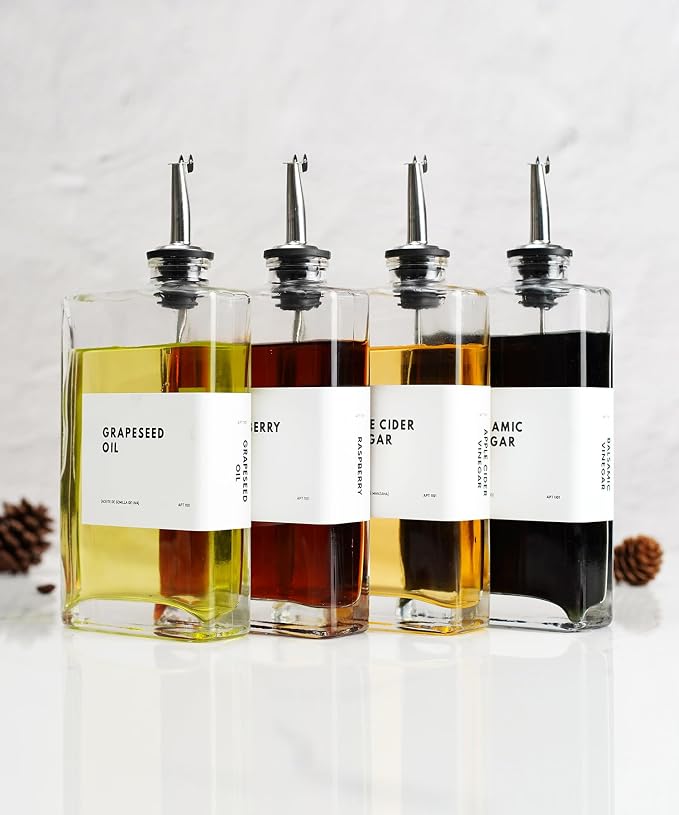 APT 1101 Olive Oil Dispenser for Kitchen, Cooking Oil and Vinegar Dispenser Set, Olive Oil Bottle, Soy sauce dispenser, coffee syrup bottles with stainless steel pourers (Silver, Set of 4)