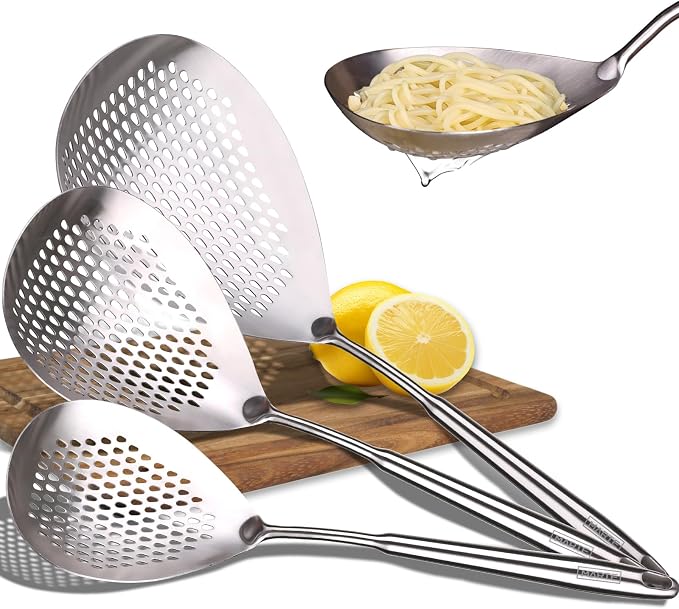 MARTE Skimmer Slotted Spoon Set of 3-304 Stainless Steel Spider Strainer Utensils Ladle Spoon with Handle for Cooking and Frying - Kitchen Pasta Strainer Colander - 14.8In,16.5In,17In
