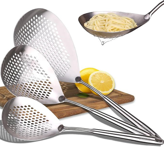 MARTE Skimmer Slotted Spoon Set of 3-304 Stainless Steel Spider Strainer Utensils Ladle Spoon with Handle for Cooking and Frying - Kitchen Pasta Strainer Colander - 14.8In,16.5In,17In