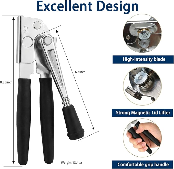 AORRZER® Can Opener Manual with Magnetic Lid Lifter, High-Intensity Sharp Steel Blade, Bottle Opener, Comfortable Grip Handle, Kitchen Tools for Home and Commercial (Black)
