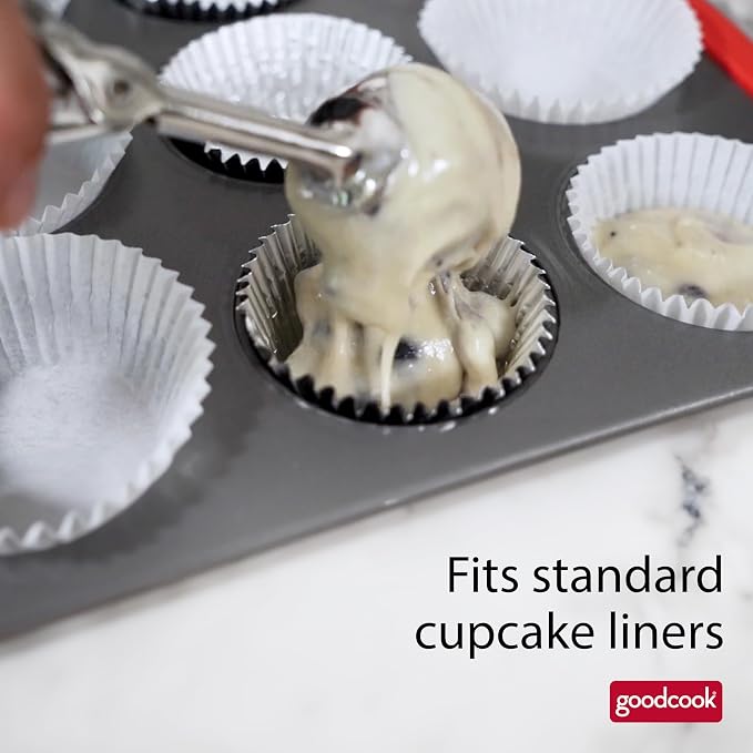 GoodCook MegaGrip 12-Cup Muffin Pan with Silicone Grip Handles Perfect for Cupcakes Durable Heavy-Gauge Steel Construction Scratch-Resistant Nonstick Coating, 15.5x10.5-Inch, Gray