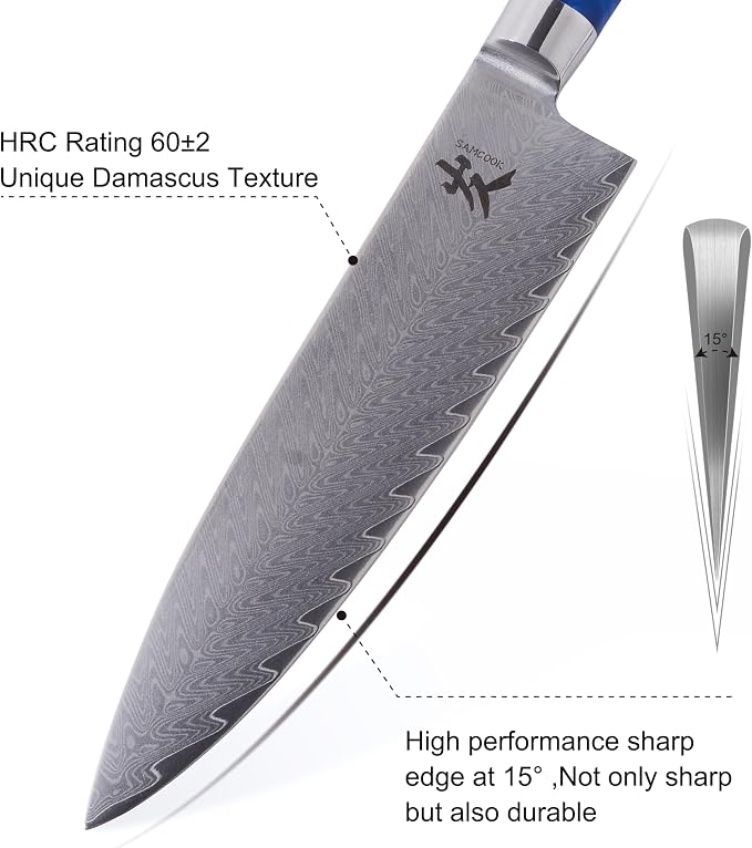 SAMCOOK Damascus Chef Knife - 8 Inch Professional Sharp Gyuto Knife,High Carbon Stainless Steel Kitchen Cooking knife - Ergonomic Blue Resin Wood Handle with Gift Box