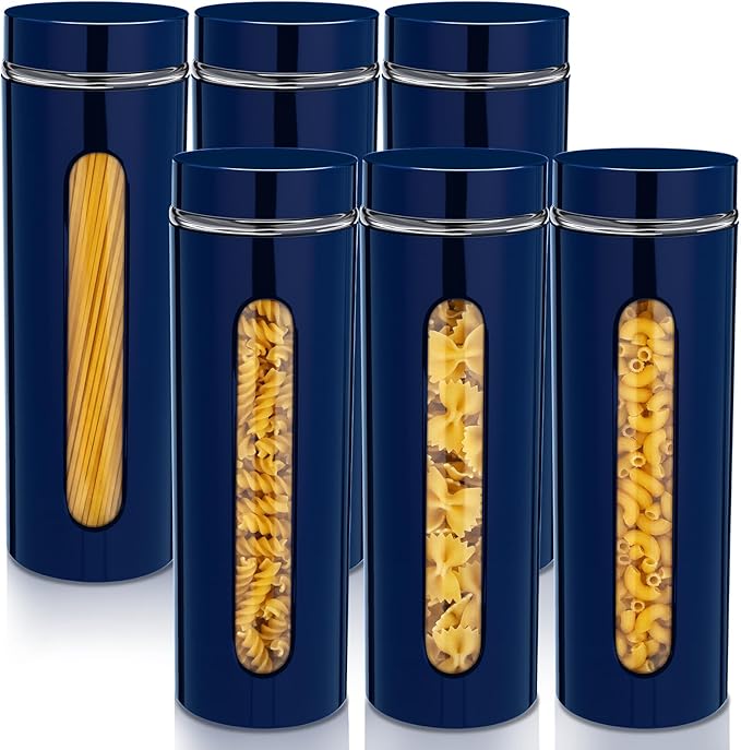 6 Pack Kitchen Canisters Set Airtight Coffee Sugar Tea Storage Jars with Window Glass Stainless Steel Containers with Lids for Flour Cookies Spices Grains Kitchen Decorations(Navy Blue,60 oz)