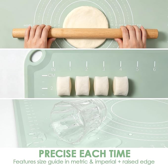 Silicone Pastry Mat, Non Slip Dough Mat with Measurements and Raised Edges, Food Grade Silicone Countertop Baking Mat for Rolling Dough, Kneading Bread, Cookies, Pizza, Pie Crust
