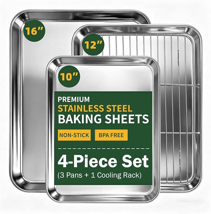 4 PCS Stainless Steel Baking Sheet Set 10/12/16 Inch with Cooling Rack | Heavy Duty Rust Resistant Baking Pans Set, Mirror Finish, Easy Clean, Dishwasher Safe for Oven Baking Roasting