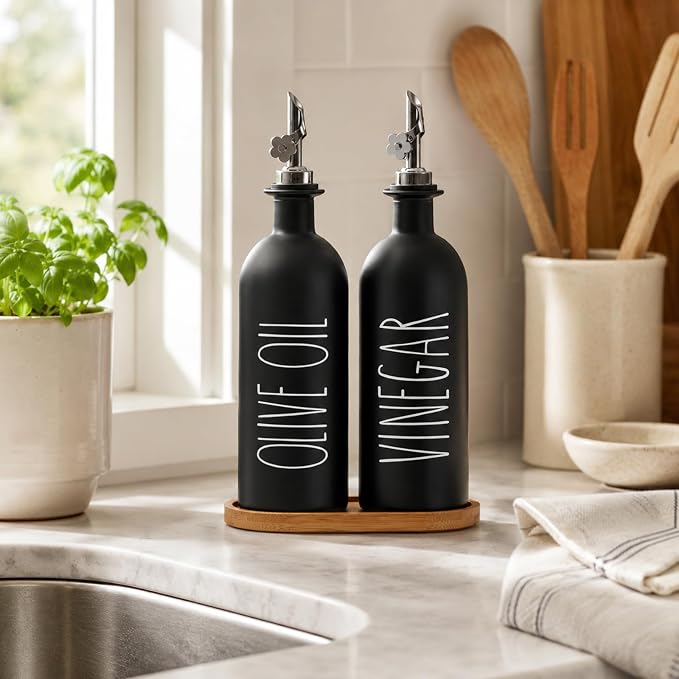 HOMCDALY 16oz Olive Oil Dispenser Bottles for Kitchen, Glass Black Oil&Vinegar Dispenser Set, Kitchen Olive Oil Bottles with Bamboo Tray| Set of 2 (16oz-P-Black)