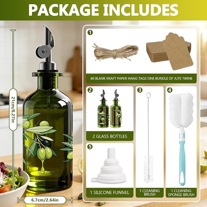 Olive Oil Dispenser Bottle for Kitchen, 12oz/350ml Extra Thick Glass Oil and Vinegar Cruet with Stainless Steel Pourer, Funnel & Cleaning Brush, Premium Oil Dispenser Set (Olive)
