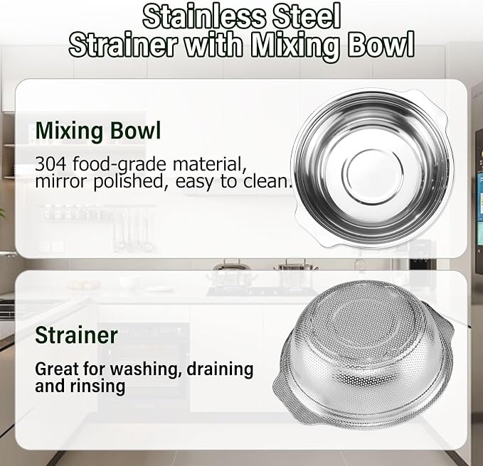 Extra Large 5.5QT Stainless Steel Colander, Large Capacity Rice Colander with Mixing Bowl, Rice Strainer for Vegetables, Fruit, Spaghetti, Pasta Strainer, Dishwasher Safe(2PC)
