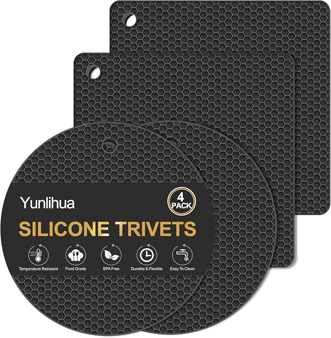 4 PCS Heat Resistant Silicone Trivet Mats for Hot Dishes, Hot Pots and Pans | Multipurpose Non-Slip Pot Holders Hot Pads Coasters for Kitchen, Countertop, Table, Thick Round Square Trivet, Black