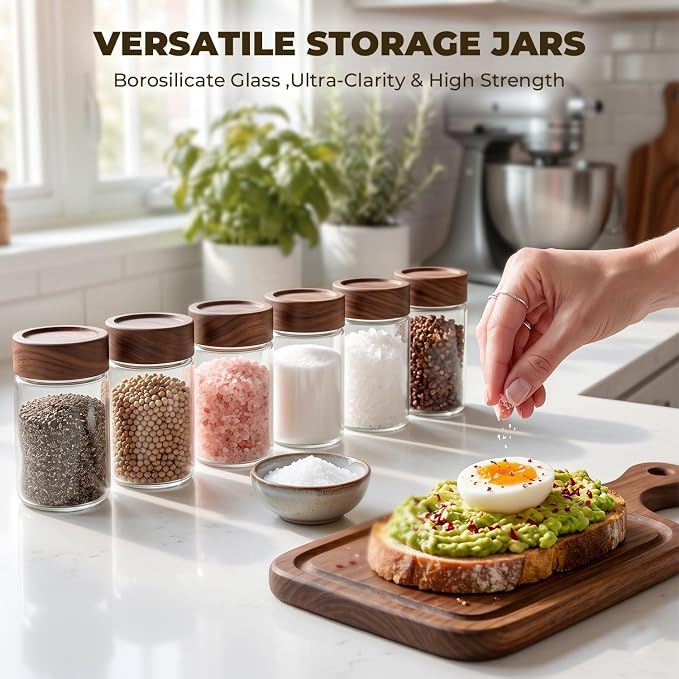 6 Pack 8 oz Glass Jars with Lids, Tall Small Mason Jars with Airtight Acacia Wood Lid, Glass Food Storage Containers for Coffee Bar, Loose Tea, Hot Cocoa & Apothecary Decor