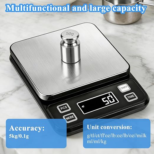 Full Waterproof Digital Scale IP67,5kg Capacity 0.1g Accuracy Kitchen Scale with Type-C Charging Tare Function Stainless Steel Platform for Baking Seafood Food Processing Hardware Counting