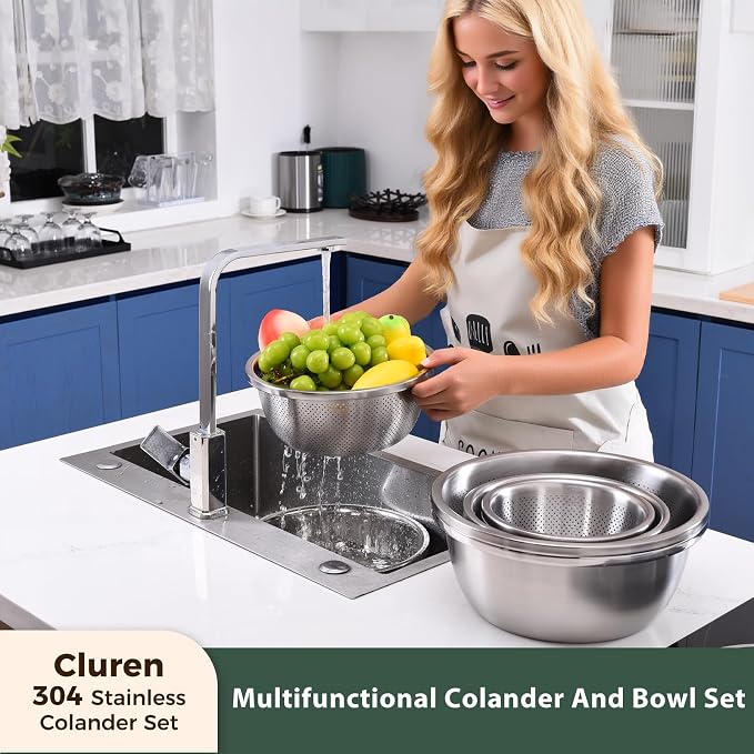 Colander and Bowl Set 1.8QT (2-in-1) - Thickened 304 Stainless Steel Kitchen Strainer Bowl for Fruit, Pasta, Vegetables, Rice - Heavy Duty, Induction Cooker & Dishwasher Safe