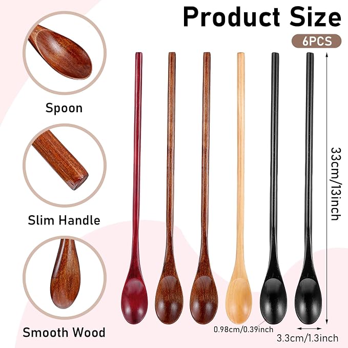 JIEYAO 6 Pcs 13 Inch Long Handle Wooden Spoon for Cooking, Wood Mixing Tasting Tea Spoons Long Honey Stirrer Vintage Utensils Coffee Cocktail for Kitchen