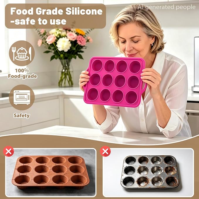 Silicone Muffin Pan Set: Non Stick 12 & 24 Silicone Muffin Pans for Baking Easy Release - Complete Shaping Each Use Avoid Re‑baking - BPA-free Cupcake Tin Reinforced Frame for Oven Home Bakers