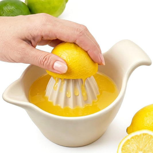 4 inch Ceramic Lemon Squeezer - Manual Citrus Juicer with Handle and Easy Pour Spout for Lemon, Orange, Lime&Grapefruit -Easy to Clean Hand Press Juicer,Microwave & Dishwasher Safe,Lead-Free (Beige)