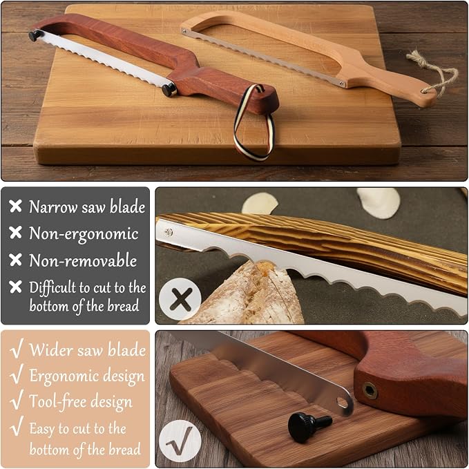Bread Knife for Sourdough - Right-Handed Serrated Bread Slicer with 2 Blades, Cuts to Bottom for Perfect Slices, Sapele Wood Handle & Storage Pouch