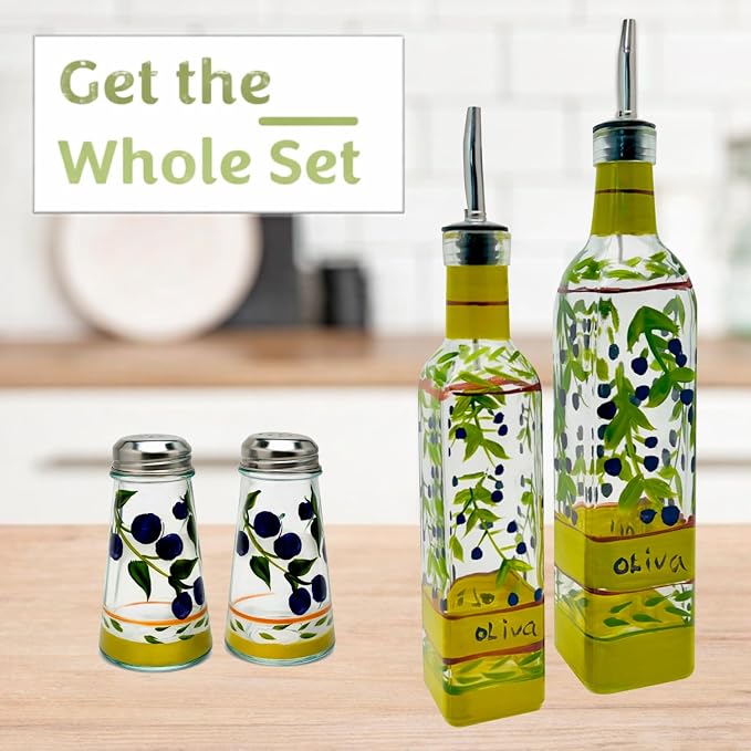 Hand Painted Glass Oliva Branch Oil/Vinegar Glass Cruet for Kitchen, 16 oz Olive Oil Dispenser With Stainless Steel Spout for Easy Pouring