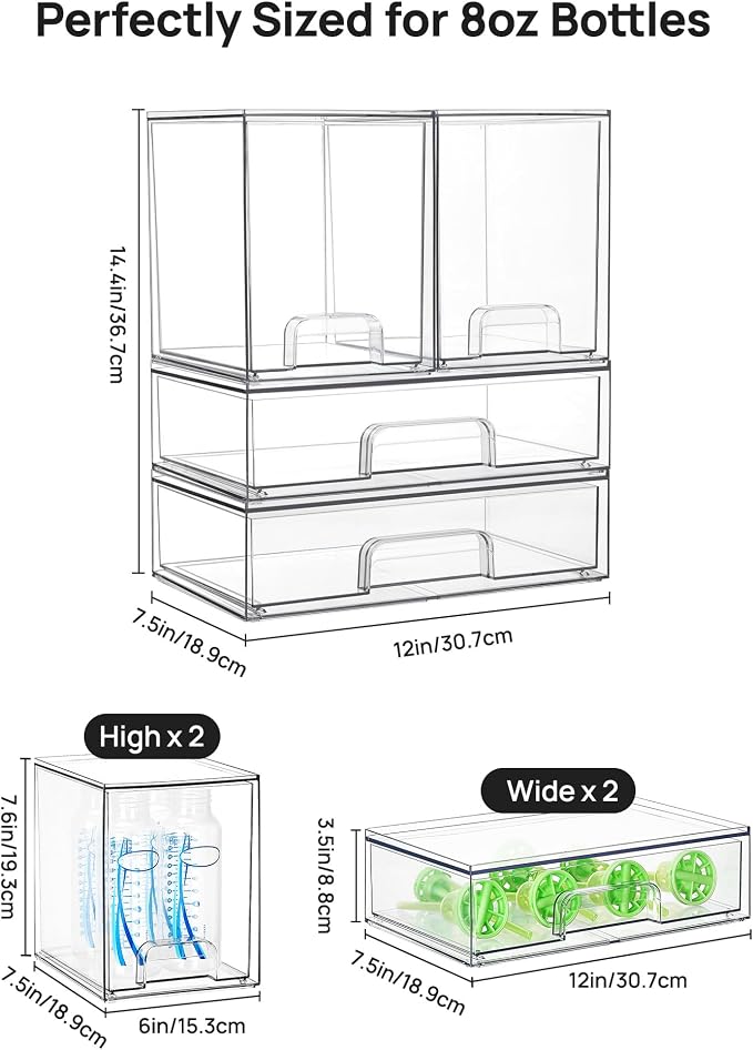 Vtopmart Clear Stackable Storage Drawers Set of 4, Baby Bottle Organizer | Plastic Organizer Bins for Makeup, Cosmetics, Beauty Supplies,Ideal for Vanity, Bathroom,Cabinet,Pantry Organization