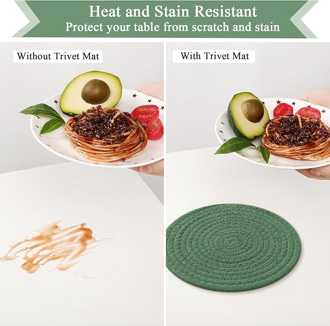 SHACOS 8 Inches Trivets for Hot Dishes, 4 Pieces Cotton Trivets Mats for Kitchen, Hot Pads for Countertops and Table, Heat-Resistant Pot Holders for Hot Pots and Pans(Green, 4pcs)
