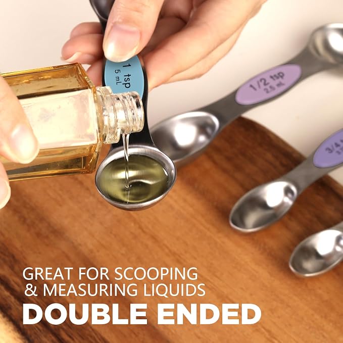 ChefAide Pack of 8 Stainless Steel Magnetic Measuring Spoons Set, Dual Sided, Stackable, Adjustable Teaspoon and Tablespoon Measure Spoon with Leveler, Kitchen Gadgets