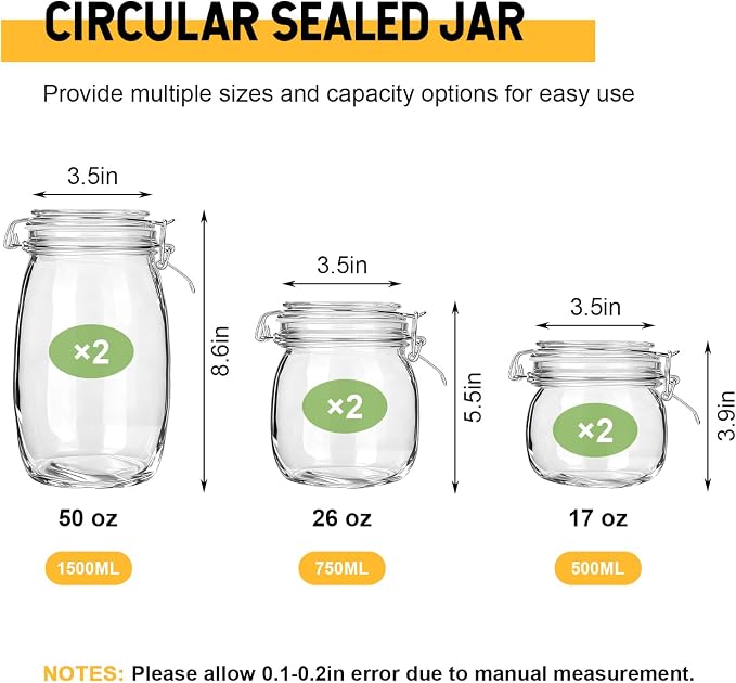 Glass Storage Jars with Airtight Lids Set of 6 (17 oz/26 oz/50 oz), Clear Glass Canister Containers Food Storage for Kitchen Pantry, Flour Sugar Coffee Beans Cereal Spice Tea, BPA-free