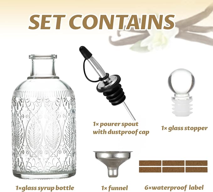 Retro Glass Syrup Dispenser Bottle 7oz, Oil and Vinegar Cruet with Stainless Steel Pour Spout, Labels, Funnel & Stopper(Leaf)