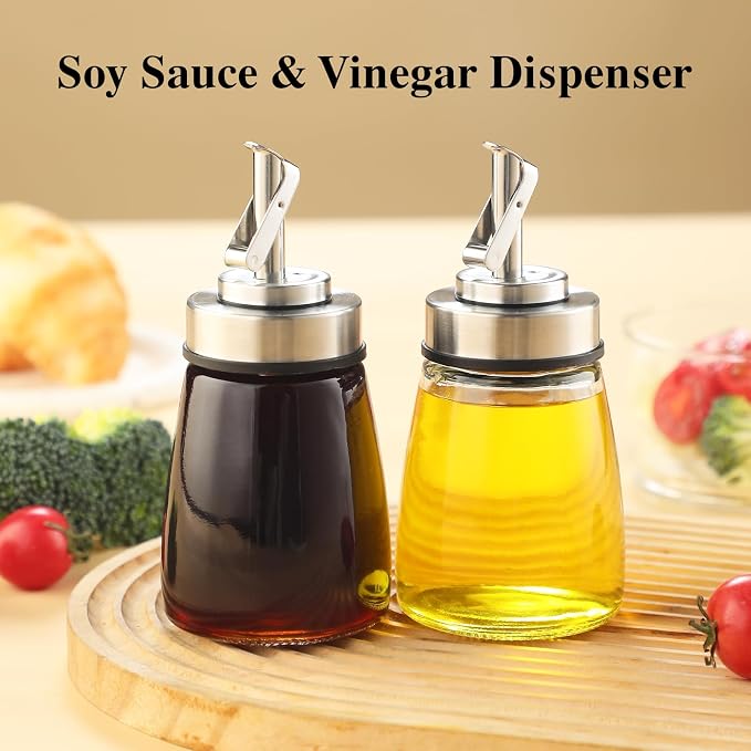 2-Pack Glass Oil Dispenser Bottle with Stainless Steel Spout, Automatic Opening Lid, for Cooking Oil, Vinegar, Sauces, Syrup, 6OZ