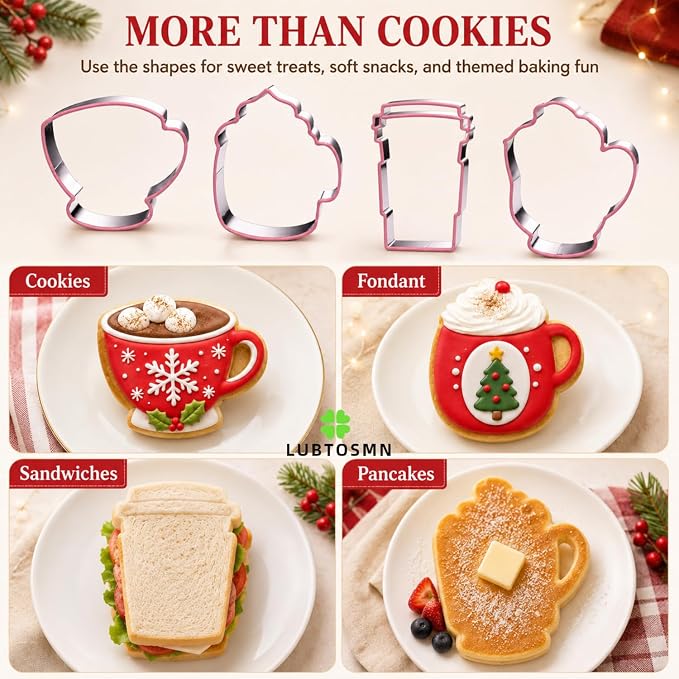 LUBTOSMN 4 Piece Large Coffee Cup Cookie Cutters Set, Silicone Rim Set | Dishwasher-safe stainless steel cutters for cookies, fondant, sandwiches, coffee bar parties and home baking treats.