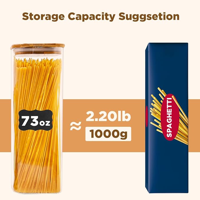 SHOWIN Glass Pasta Storage Jars Square 73oz, 3 Pack Glass Jars With Bamboo Lids, Tall Kitchen Storage Containers For Pasta, Storage For Pantry Organizers
