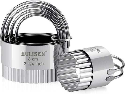 HULISEN Biscuit Cutter Set (5 Pieces/Set), Stainless Steel Round Biscuit Cutters with Handle, Wave Cookies Cutter with Fluted Edge, Professional Baking Dough Tools, Gift Package (Wave)