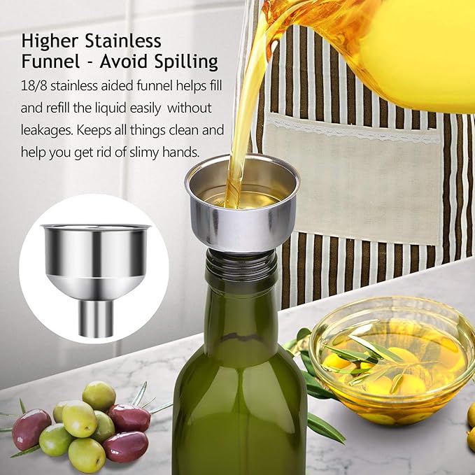 AOZITA [2 PACK 17 oz Glass Olive Oil Dispenser Bottle Set - 500ml Dark Green Oil & Vinegar Cruet Bottle with Pourers, Funnel and Labels - Olive Oil Carafe Decanter for Kitchen