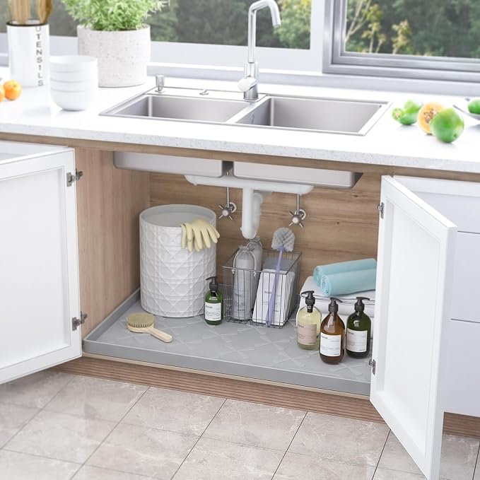 Waterproof Under Sink Mat 31" x 22" Kitchen Cabinet Liner Silicone | BPA-Free Silicone Mat with Raised Lip Protects Cabinets from Leaks, Versatile Home Organizer for Bathroom, Pets, Boots, Floor