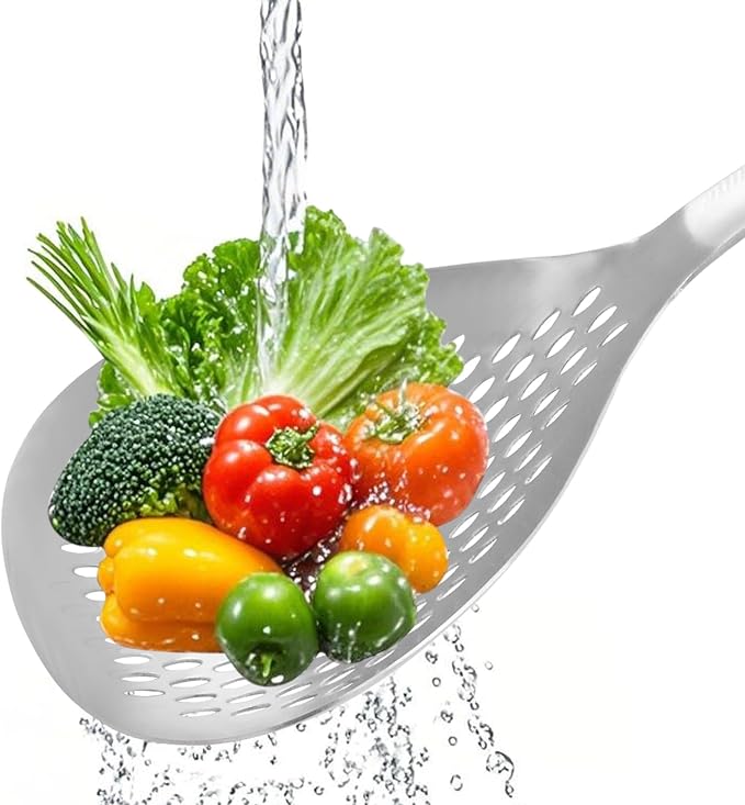 Jiozermi Stainless Steel Skimmer Slotted Spoon, Pasta Spider Strainer Ladle for Frying and Cooking, Durable 304 Stainless Steel Frying Strainer Spoon for Noodles, Pasta, and Vegetables
