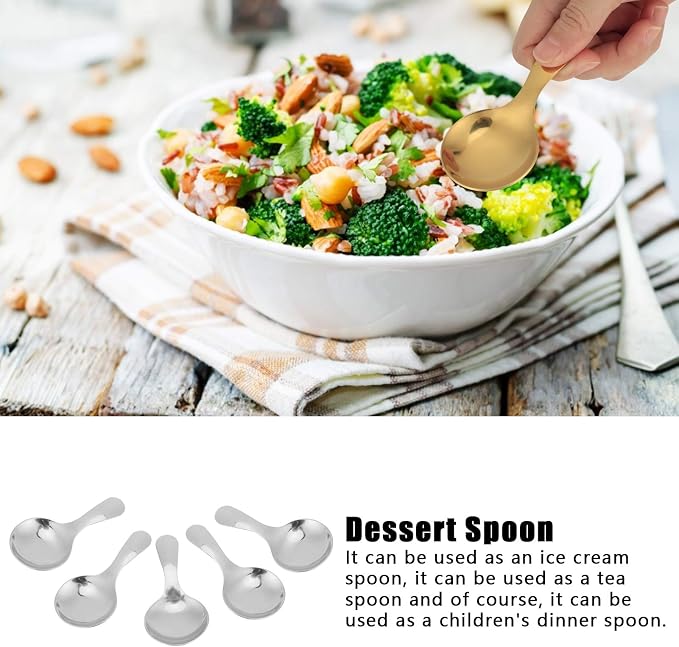 5PCS Ice Cream Scoop, Mini Silver Serve Candy Spoon Stainless Steel Short Handle Salt Condiments Dessert Condiment Spoons for Salt Sugar Condiments Coffee Tea Dessert(Silver)