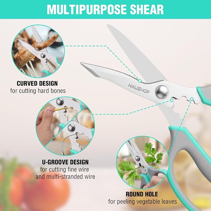 HAUSHOF Kitchen Scissors for Food, Heavy Duty Kitchen Shears, Sharp Stainless Steel Shears with Soft Grip, U-Groove Design, 8-1/4" Food Scissors for Meat, Vegetables, Fine Bones
