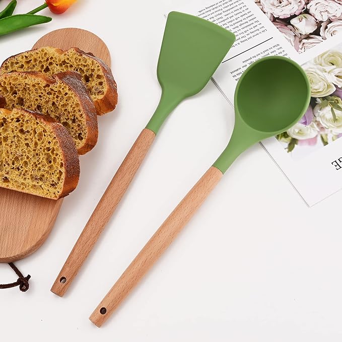 Avocado Green Silicone Cooking Utensil Set, 12pcs Kitchen Utensils Heat Resistant Cooking Tools with Wooden Handle, Kitchen Gadget Set for Nonstick Cookware Silicone Spatula Spoon.